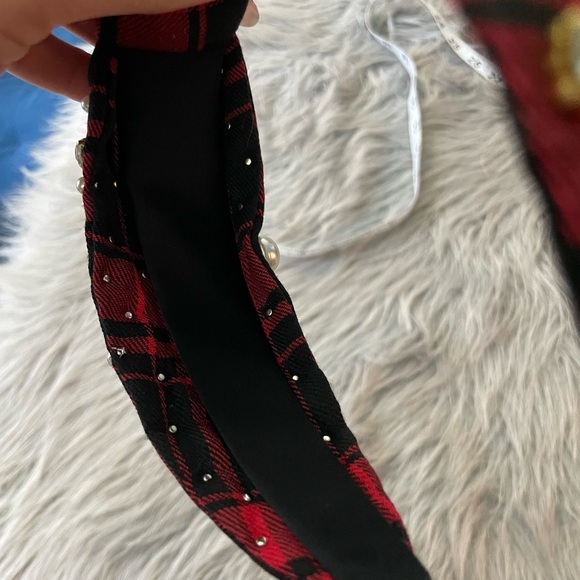 Red Plaid Headband with Pearls and Gems - Picture 9 of 9